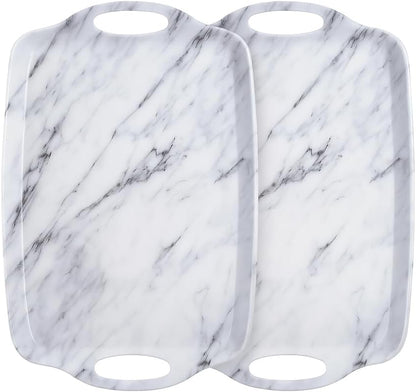 TP Large Serving Trays with Handles, 19" x 12" Melamine Serving Platters for Food, Turkey, Set of 2 Rectangular Trays for Party, Pure White