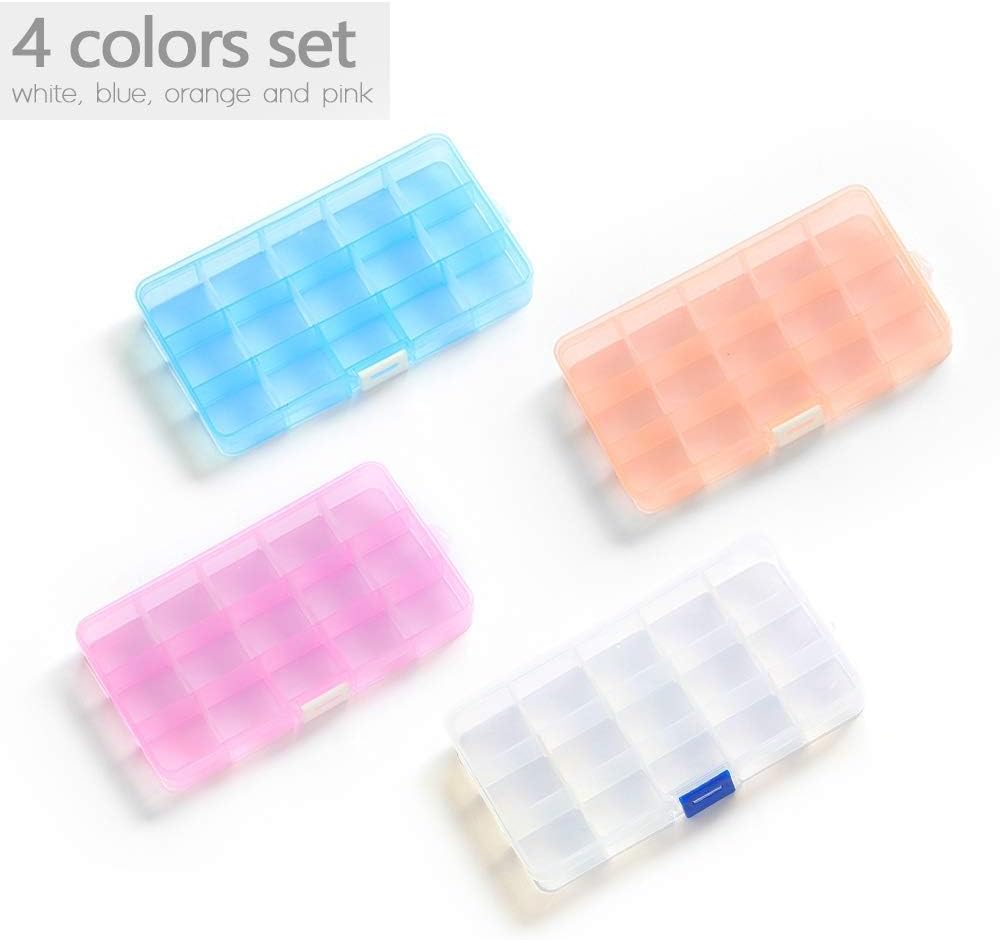 Opret 15 Grids Bead Organizer(4 Pack), Earring Organizer Box, SMALL Plastic Clear Organizing Containers with Adjustable Dividers for Crafts Jewelry Screws Small Items, Size 6.9×3.9×0.9in