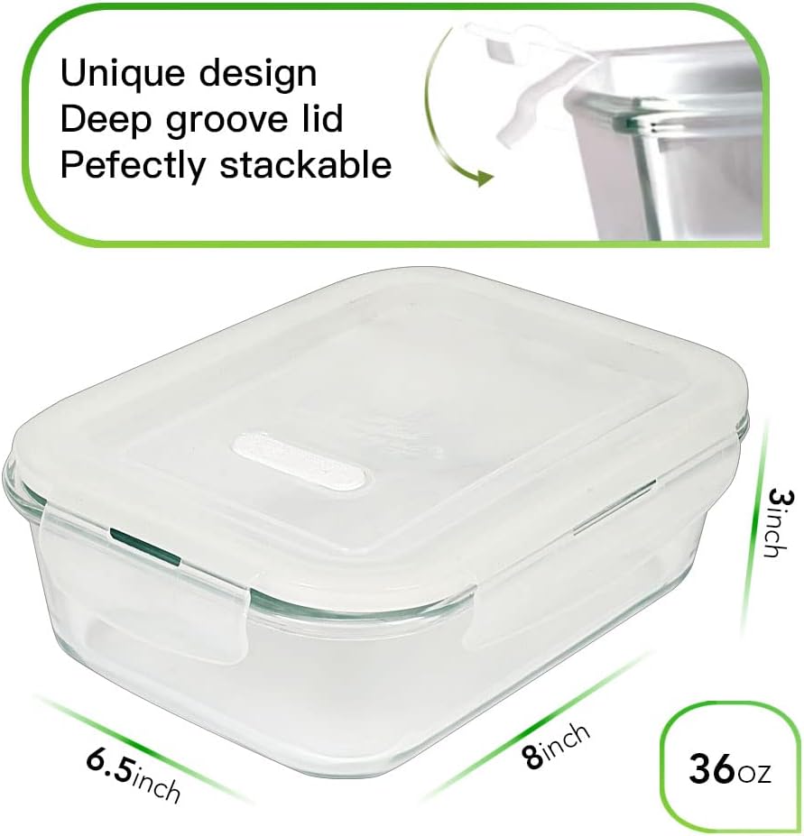DAS TRUST [5-Packs, 36 Oz. Glass Meal Prep Containers with Locking Lids Glass Food Containers,Airtight Lunch Container,Microwave, Oven, Freezer and Dishwasher (4.5 Cup, Clear)