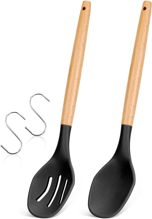 Large Silicone Cooking Spoons, 2 Pack Nonstick Solid and Slotted Wooden handle Spoon Set, Heat Resistan Silicone Kitchen Spoons for Cooking, Serving, Basting, Mixing (Khaki)