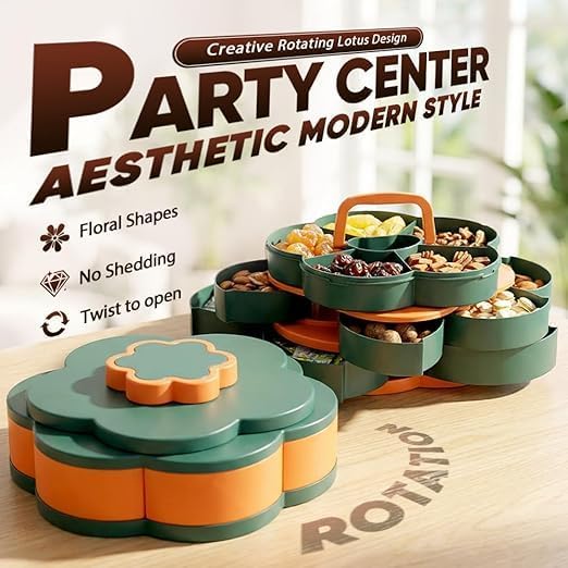 10-Grid Petal Rotating Snack Tray with Lid, Portable Divided Snackle Box Container for Party, Picnic and Camping, 360° Smooth Spinning Fruit Platter for Nuts, Fruits and Candy (C)