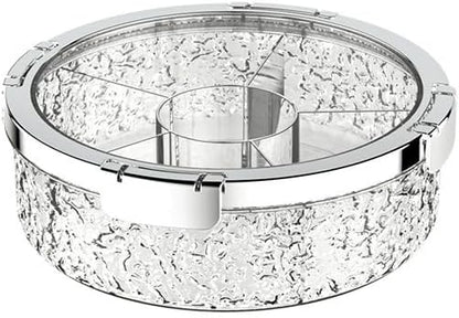 Rotating Divided Serving Tray with Lid, Clear Glacier Pattern Snack Box, Sealed Nut and Candy Storage Container, Round Fruit Platter for Party