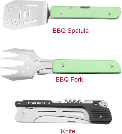 ROXON 6-in-1 Folding Grill Utensils Set, 14" BBQ Tools for Camping S601