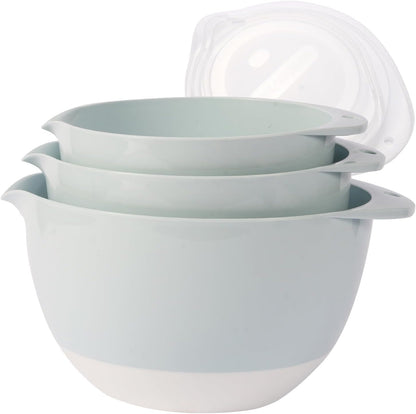 3 Plastic Mixing Bowls with Lids,Pour Spout,TPR Bottom,Mixing Bowl Set,Deep Nesting Small Batter Bowl for Serving,Prep,Baking,Non Slip,Dishwasher Safe,Easy to Grip/Spout,Pale Blue