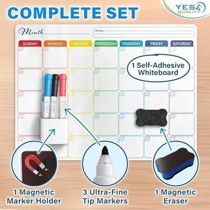 Whiteboard Calendar - 16x12 in - Magnetic Monthly Dry Erase Planner with Adhesive Back - Erasable Weekly Chore Chart with 3 Markers, Eraser, Holder - Ideal for Fridge or Wall Use - Yes4Quality