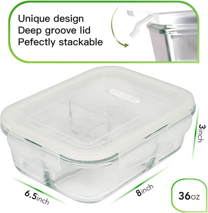 DAS TRUST 3 Pack Bento Box Glass Meal Prep Containers - 3 Compartment Glass Food Storage Containers with Lids - Lunch Box Meal Prep Bowls - Oven Safe