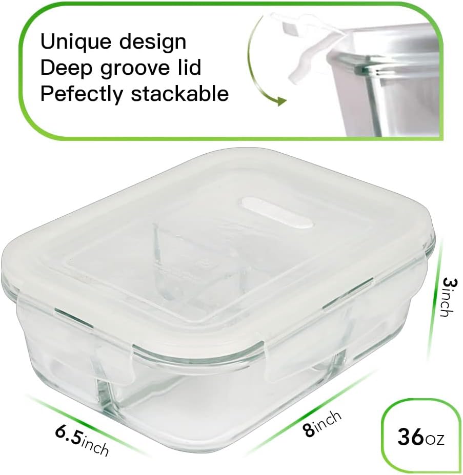 DAS TRUST 5 Pack 36oz Bento Box Glass Meal Prep Containers 3 Compartments Glass Food Storage Containers with Lids Meal Prep Bowls Lunch Box Glass Food Prep Containers Lunch Container for Oven