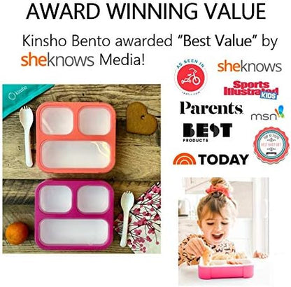 kinsho Medium Bento Boxes for Kids, Lunch Box for Boys Girls Toddler Adults, Leak-Proof 3 Compartment Containers for Meal or Snack at School Daycare Work Travel, BPA Free 2 Pack (Pastel Blue + Pink)