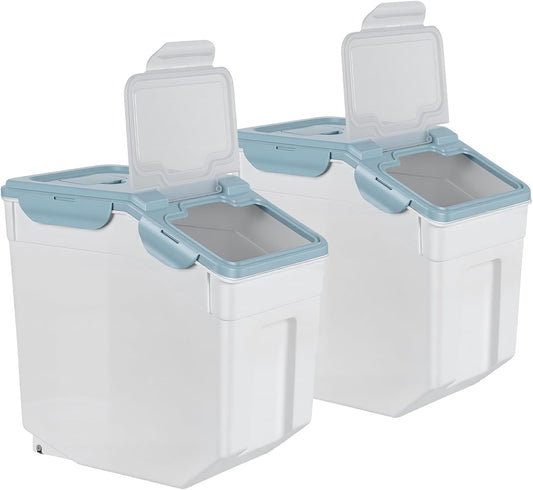 2 Pack Airtight Food Storage Containers 55lbs, Large Flour and Rice Storage Bins with Locking Lid & Wheels, 25kg Dog Cat Pet Food Container with Measuring Cup for Kitchen Pantry Organization