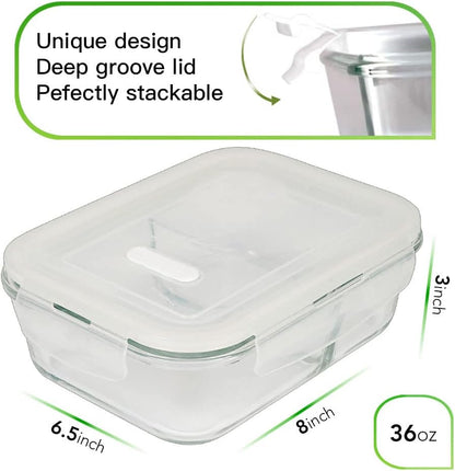 DAS TRUST 3 Pack Bento Box Glass Meal Prep Containers - 3 Compartment Glass Food Storage Containers with Lids - Lunch Box Meal Prep Bowls - Oven Safe