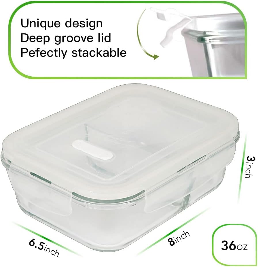 DAS TRUST 5 Pack 36oz Bento Box Glass Meal Prep Containers 3 Compartments Glass Food Storage Containers with Lids Meal Prep Bowls Lunch Box Glass Food Prep Containers Lunch Container for Oven