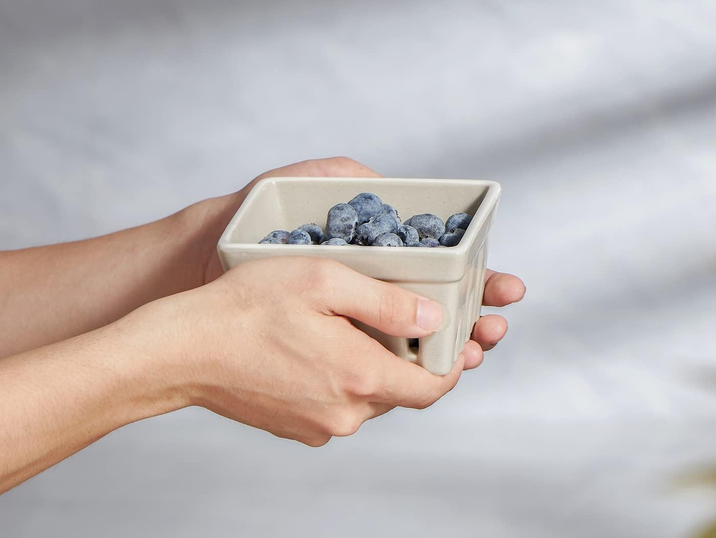 ONEMORE Ceramic Berry Basket, Square Fruit Bowls, Rustic Stoneware Berry Colander Set of 2, 5.7 inch, Gray & Light Green