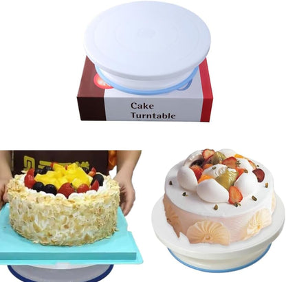 Rotating Cake Turntable Stand with Non Slip Pad, 11 Inch Revolving Turn Table Top for Pastries Cookies Cupcakes Decorating, Rotary Round Cake Display Stand Supplies Kit (White)
