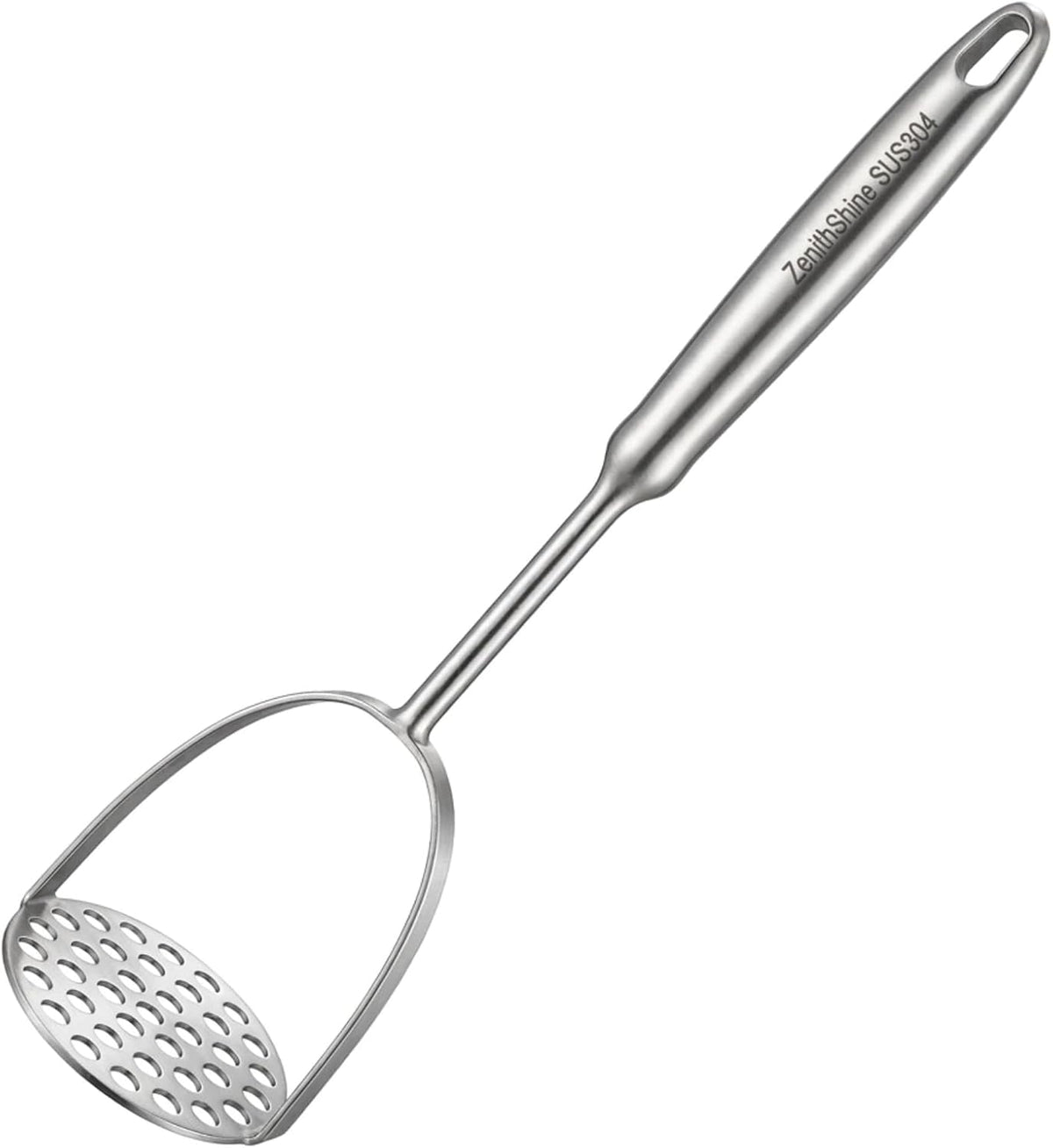 Potato Masher, Heavy Duty 304 Stainless Steel Potato Masher, One-Piece 37-Hole Plate for Smooth Mashing, Dishwasher Safe, Silicone Spatula Included