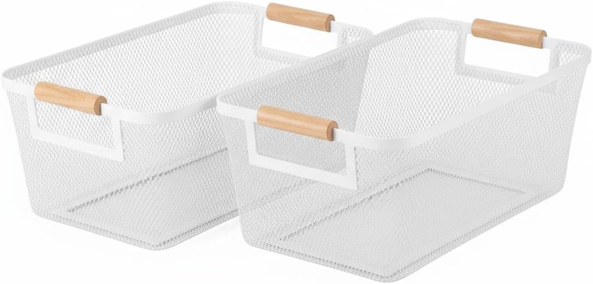 2-Pack Metal Mesh Basket, Large Wire Storage Organizer with Wood Handle for Kitchen Pantry, Bathroom, Cabinet, Closet, Picnic & Home Organization, Large, Black