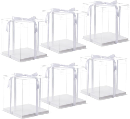 XININSUN 2Pcs Large Cake PET Clear Box, 10" X 10" X 9" with ribbon and pre-folded lid, for 8" cake packing carry, baking cookie display, Carry Tall Layer Gift, Festive Gift Box -White
