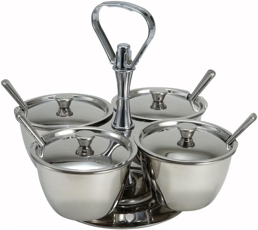 Soro Essentials- 4 Compartments Stainless Steel Relish Server 8 oz Capacity Per Cup- Serving Tray with Lid Condiment Server Condiment Serving Garnish Bar Container for Home Kitchen Restaurant