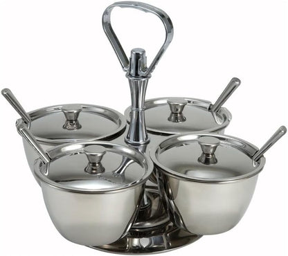 Soro Essentials- 4 Compartments Stainless Steel Relish Server 8 oz Capacity Per Cup- Serving Tray with Lid Condiment Server Condiment Serving Garnish Bar Container for Home Kitchen Restaurant