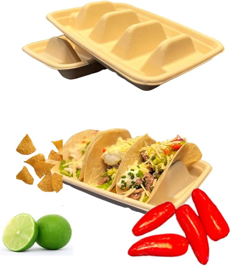 Disposable Taco Holder- 25 pack Biodegradable Taco Plate- Taco Kit, Taco Party Supplies,Taco Tray,Taco Boats, Taco Tuesday Kit, Tuesday lazy.