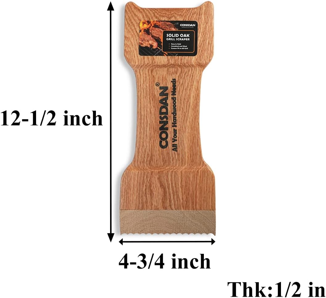 CONSDAN Wood Grill Scraper, Soild Oak Wooden Grill Brush, Grill Scraper for Outdoor Grill, Bristle Free Grill Scrapers, Grill Grate Cleaner Safe Wood Grill Brusher