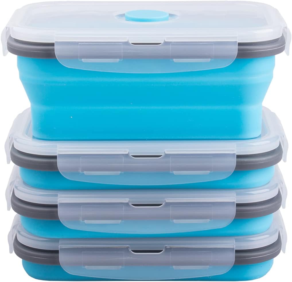 Collapsible Food Storage Containers with Lids, 4 Pack, 40 oz Silicone 1-Compartment Meal Prep Containers Reusable, Lunch Bento Boxes for Adults, Microwave Freezer Dishwasher Safe, BPA-Free, Black