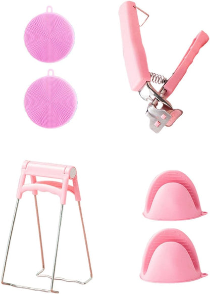 Yajuyi Dish Plate Clip Tongs Silicone Cooking Pinch Bowl Gripper Anti Hot, Pink Combo Set, 18.5x8.5cm