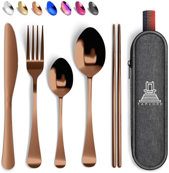 Taplord Portable Travel Silverware Set With Case, Includes 10 Pcs of Travel Utensils With Case, Stainless Steel Flatware Set For Camping, Lightweight (Multi-Color)