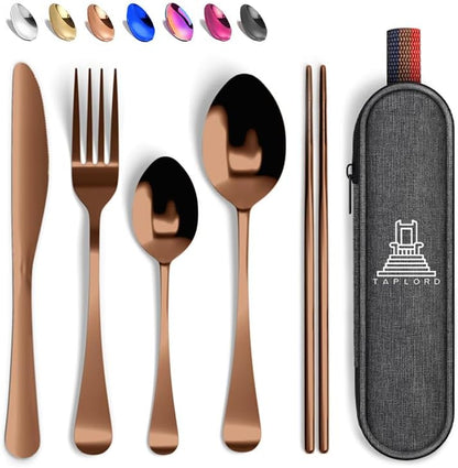 Taplord Portable Travel Silverware Set With Case, Includes 10 Pcs of Travel Utensils With Case, Stainless Steel Flatware Set For Camping, Lightweight (Multi-Color)