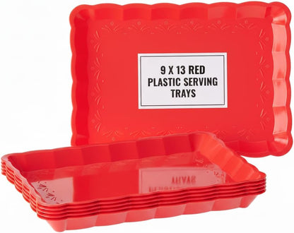 6 Pack Clear Plastic Serving Trays for Party, 9 x 13 Inch - Heavy Duty Plastic Trays for Food - Rectangular Party Serving Trays and Platters - Clear Disposable Trays