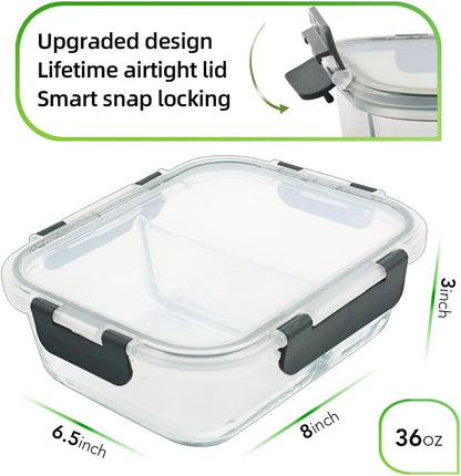 DAS TRUST 5 Pack 36oz Bento Box Glass Meal Prep Containers 3 Compartments Glass Food Storage Containers with Lids Meal Prep Bowls Lunch Box Glass Food Prep Containers Lunch Container for Oven