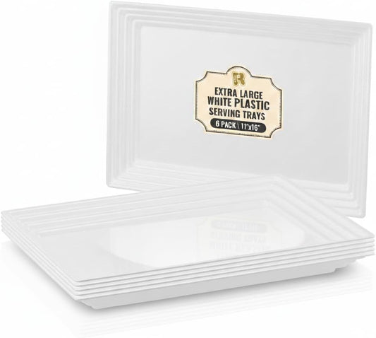 6 Pack Extra Large Plastic Serving Trays for Party - 16 x 11 White Large Serving Tray - Heavy Duty White Plastic Trays for Food - Rectangular Party Serving Trays and Platters