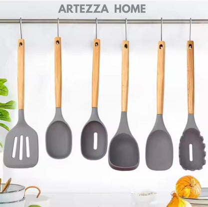 Green Silicone Kitchen Utensil Set – 10-Piece Cooking Tools with Wooden Handles & Ventilated Bamboo Holder, Heat-Resistant Silicone, Nonstick Safe, BPA-Free Kitchen Gadgets Set – Sage Green