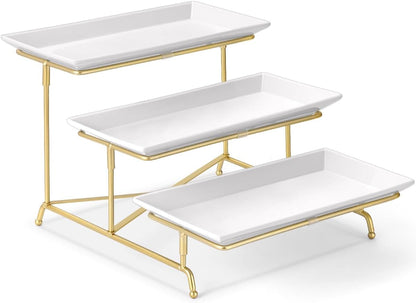 Yedio 3 Tier Serving Trays for Party, Porcelain Serving Platters and Trays, 12 Inch Tiered Tray Stand, Fruit Tray, Trays for Serving Food, White Dessert Stand with Collapsible Sturdier Metal Rack