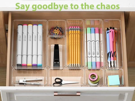 12 Pack Clear Drawer Organizer Set, 3 Sizes Bathroom Vanity Organizer Trays | Vanity and Makeup Organizer | Bathroom Organizer Trays | Storage Bins For Makeup | Cosmetics | Jewelry | Gadgets