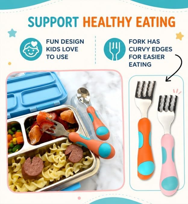kinsho Toddler Utensils - Kids Silverware Set with Travel Case 3 pack - Stainless Steel Forks Spoons for 1 2 3 4 Years Old. Metal Lunch Box Cutlery for Children Girls, Round Handle, 6 Pieces Pink Blue