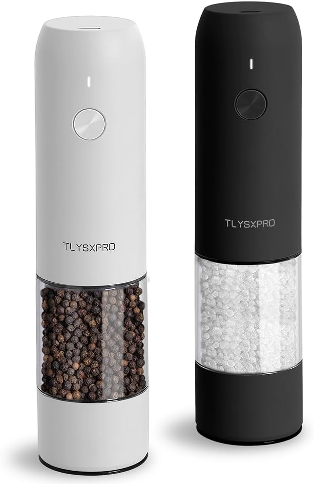 Electric Salt and Pepper Grinder Set, USB Rechargeable, Automatic Salt and Pepper Mill Grinder with Adjustable Coarseness, Electric Salt Shakers, LED Light, Refillable (2 Packs, Greige)