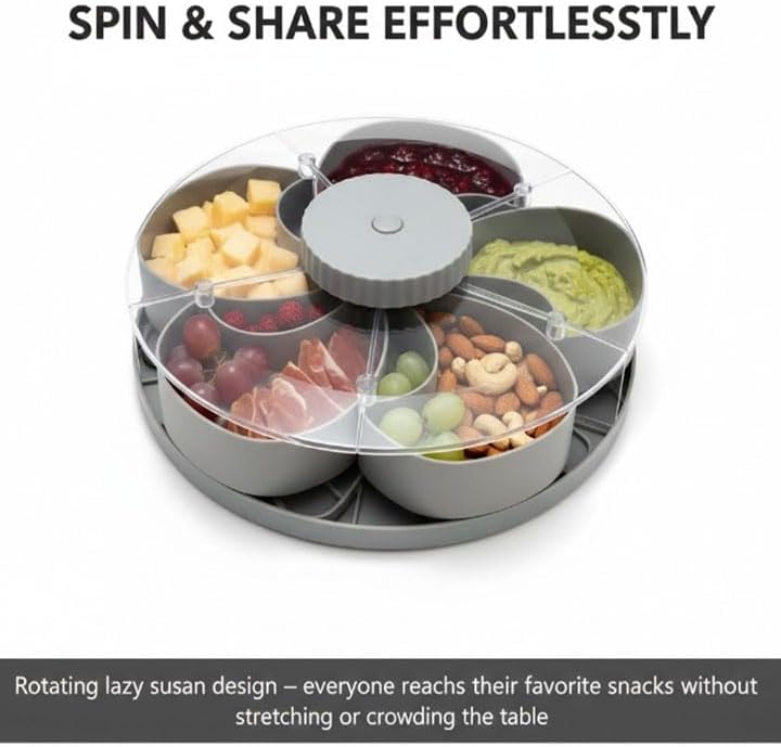 Divided Spin and Snack Serving Tray,Rotating Lazy Susan Charcuterie Board,Multi-Compartment Food Organizer Design,Portable Travel Snackle Box with Rotating Cover - Ideal Hostess Gift (Blue)