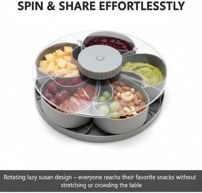 Divided Spin and Snack Serving Tray,Rotating Lazy Susan Charcuterie Board,Multi-Compartment Food Organizer Design,Portable Travel Snackle Box with Rotating Cover - Ideal Hostess Gift (Blue)
