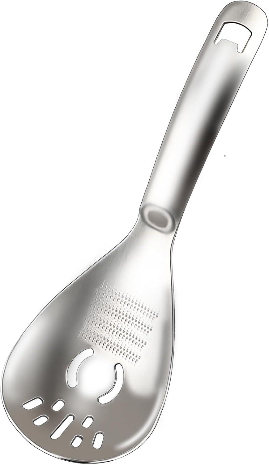 5 in 1 Multifunctional Cooking Spoon, 304 Stainless Steel Egg Yolk Separator for Raw Eggs, Potato Masher, Food Grater Plate, Slotted Spoon, and Bottle Opener - Heavy Duty Kitchen Utensil