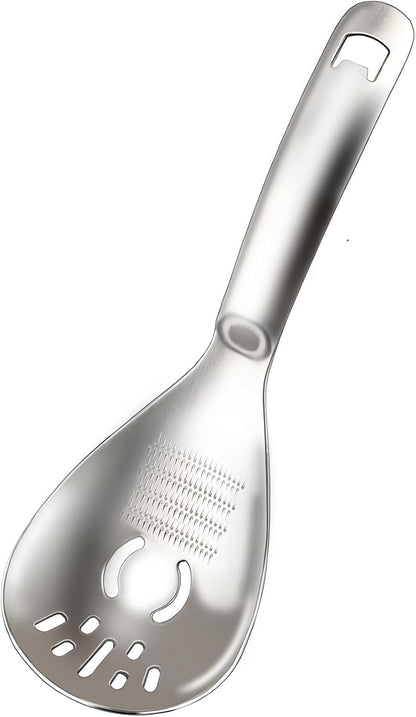 5 in 1 Multifunctional Cooking Spoon, 304 Stainless Steel Egg Yolk Separator for Raw Eggs, Potato Masher, Food Grater Plate, Slotted Spoon, and Bottle Opener - Heavy Duty Kitchen Utensil