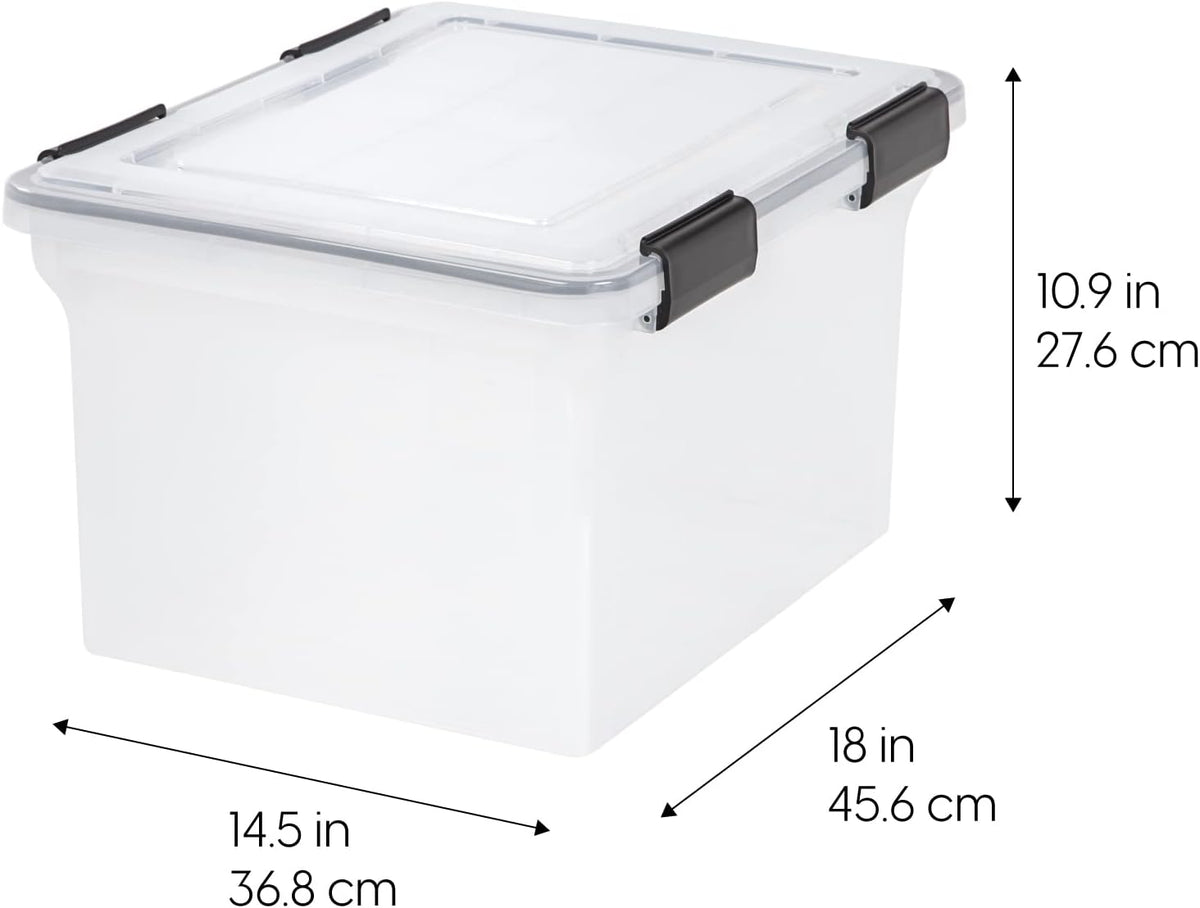 IRIS USA WeatherPro Storage Bins with Lids, 47 Qt, Gasket Seal, 2 Pack | Airtight gasket helps protect clothing, shoes, crafts, keepsakes, and household supplies from moisture and dust.