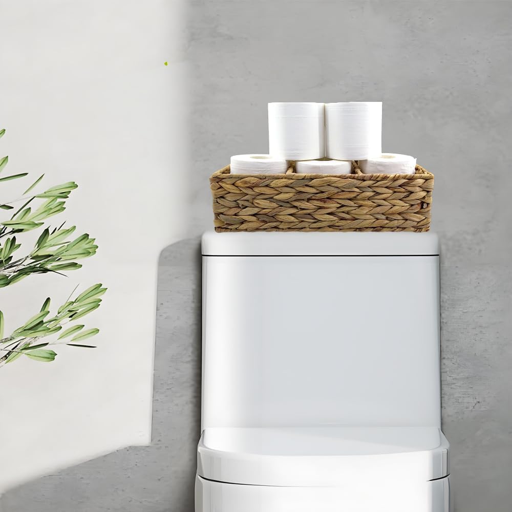 2 Pack 3-Section Woven Water Hyacinth Baskets - Handwoven Storage Bin, Rectangle Desk Organizer for Countertop, Toilet Tank Shelves, Coffee Bar & Pantry