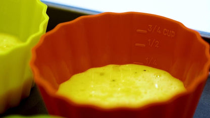 12 Pack Measured Baking Cups Jumbo Silicone Muffin Cup Reusable Non-Stick Liners Easy To Read Measurements Four Colors Flexible Durable Microwave & Dishwasher Safe by Baking Made Easy