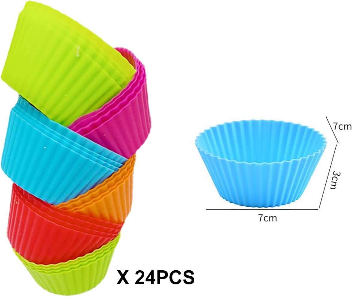 44 Pcs Silicone Lunch Box Dividers Set, Includes 24 Reusable Silicone Round Baking Cups and 20 Cute Animal Food Picks, Non-stick Muffin Cupcake Liners for Party