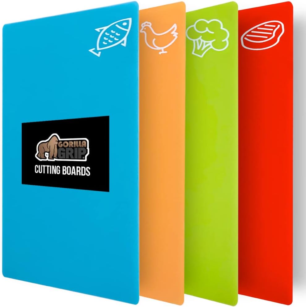 GORILLA GRIP 100% BPA-Free Flexible Cutting Board Set of 5, Durable Plastic Mats with Food Icons for Meal Prepping, Large and Mini Kitchen Chopping Mat, Use for Meat Fish Vegetables Fruit, Multicolor