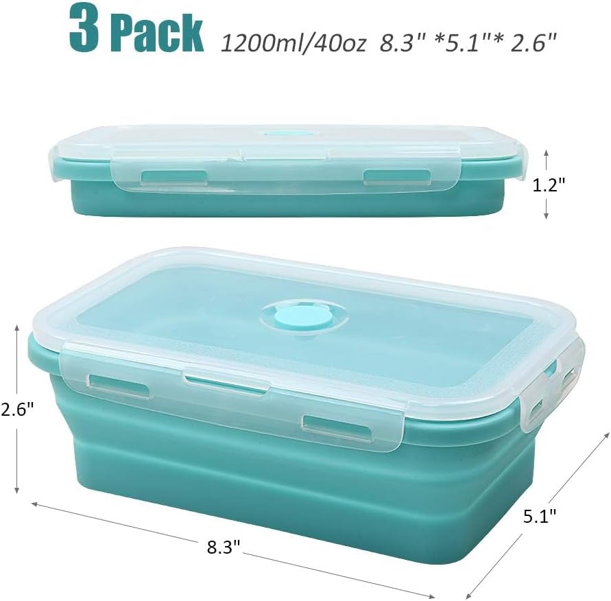 Alimat PluS 40.5oz Silicone Collapsible Food Storage Containers with Lids, 3 Pack Set 1200ml Folding Large Meal Prep Lunch Containers, Microwave, Freezer and Dishwasher Safe