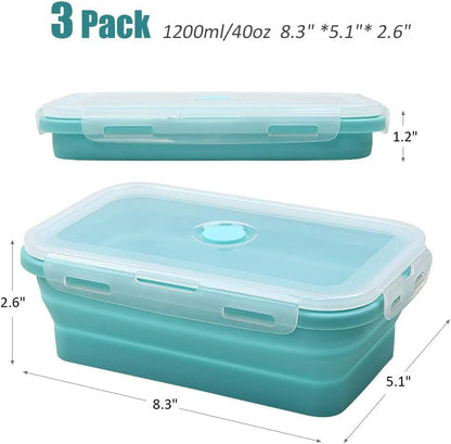 Alimat PluS 40.5oz Silicone Collapsible Food Storage Containers with Lids, 3 Pack Set 1200ml Folding Large Meal Prep Lunch Containers, Microwave, Freezer and Dishwasher Safe