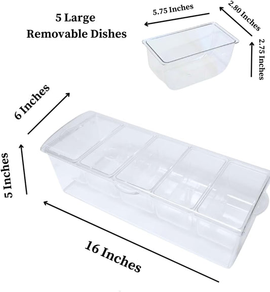 Evelots Ice Chilled 5 Compartment Condiment Server Caddy with Hinged Lid | Plastic Garnish Serving Tray Container | Perfect for BBQs & Parties