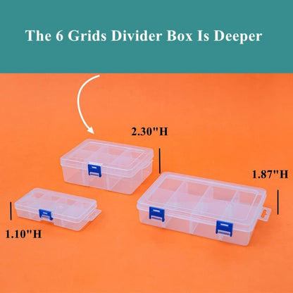 3 Pack Plastic Removable Divider Box and Storage Case for Small Parts, Hardware and Craft, 6 Grids, Clear