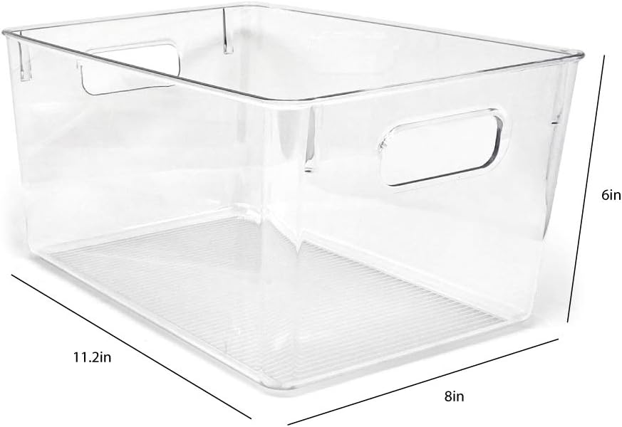 Isaac Jacobs 3-Pack Medium Clear Storage Bins with Handles, Plastic Organizer for Home or Fridge/Freezer, Pantry and Kitchen Non-Slip Container Set, BPA Free, Food Safe (3-Pack, Medium)